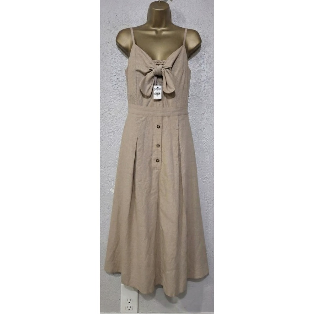 Express Women Tan Linen Blend Tie Front Button Midi Dress Size M NWT 07854734